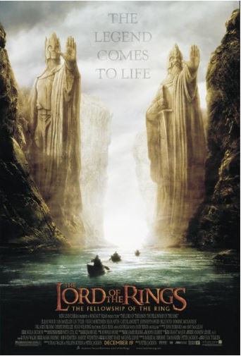 A hit movie poster for "The Lord of The Rings" by IMP 083 showcases two towering stone statues standing on either side of a river, with small boats rowing below. Printed on premium 150gsm gloss paper, the tagline reads, "The Legend Comes to Life," with the movie's title at the bottom.