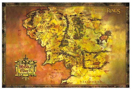 The Lord of the Rings Classic Map by MTV 147 is a detailed illustrated poster of Middle-earth, highlighting regions like Rohan, Gondor, and Mordor. Featuring mountains, forests, rivers on parchment-like texture with a compass rose in the bottom left corner.