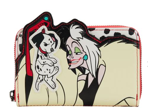 This Blue Dog Posters 101 Dalmatians Cruella Zip Purse features an animated design of the iconic villain with her signature black and white hairstyle. Draped in a fur coat, she holds an unhappy Dalmatian puppy by its collar. The primarily white background with black spots makes it a perfect addition for any Disney collection enthusiast.