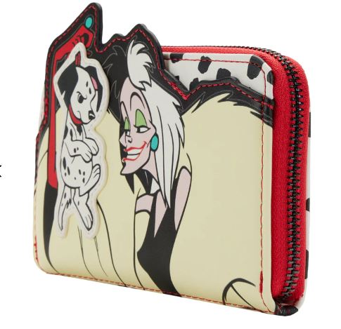 This sleek 101 Dalmatians Cruella Zip Purse by Blue Dog Posters showcases a striking illustration of a woman with black-and-white hair holding a Dalmatian puppy. The wallet's black, red, and white hues enhance its bold design, making it a standout piece in any Disney collection.