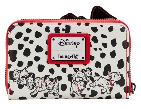 The 101 Dalmatians Cruella Zip Purse by Blue Dog Posters is a white wallet accented with black spots and charming cartoon images of Dalmatian puppies from Disney's "101 Dalmatians." It features a red zipper and trim, along with a "Disney Loungefly" label on the front, making it an eye-catching addition to any Disney collection.