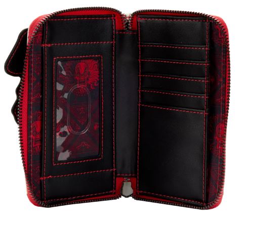 A black and red 101 Dalmatians Cruella Zip Purse by Blue Dog Posters, featuring multiple card slots and a transparent ID pocket. The unzipped wallet exposes its organized compartments, stylish red stitching, and a distinctive patterned interior design. Part of the exclusive Disney collection by Loungefly.