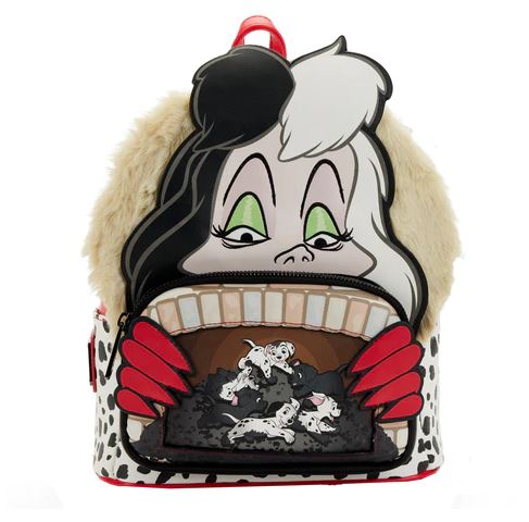 Introducing the 101 Dalmatians Cruella Mini Backpack by Blue Dog Posters, featuring a stylized depiction of the infamous Disney Villain with her iconic black and white hair and striking green eyes. The lower part of the backpack showcases adorable cartoon puppies nestled in a basket against a Dalmatian print background, with Cruella's red gloved hands holding them. This mini backpack is perfect for any 101 Dalmatians fan!