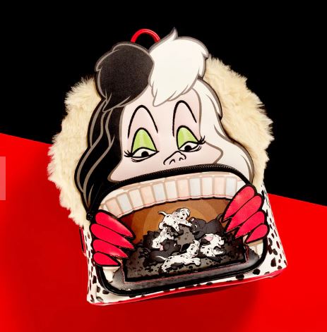 The 101 Dalmatians Cruella Mini Backpack by Blue Dog Posters features a whimsical design of a cartoonish character with white and black hair and green eyes, peering at a group of spotted puppies. The character's hands in red gloves frame the scene, while the bag's sides have a fuzzy texture. This Disney Villains Scene is set against a striking black and red background.