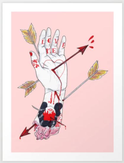 Love Me by Scoobtoobins, offered by GAP, is an art print illustration featuring a severed hand with 'LOVE ME' tattooed on the fingers. The hand is pierced by two arrows, with blood dripping from the wounds. A light pink gradient background creates a striking contrast, making it ideal for any gallery series on archival paper.