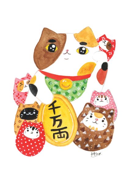 Whimsical illustration of a large calico Maneki-neko (beckoning cat) in a green bib holding a gold coin with Japanese characters. Surrounded by smaller, colorful daruma-doll-like cats with various expressions, patterns, and colors, the "Lucky Cat by Jess Chen A5" from Blue Dog Posters is perfect for the Little Art series or Deluxe Postcard Frames.