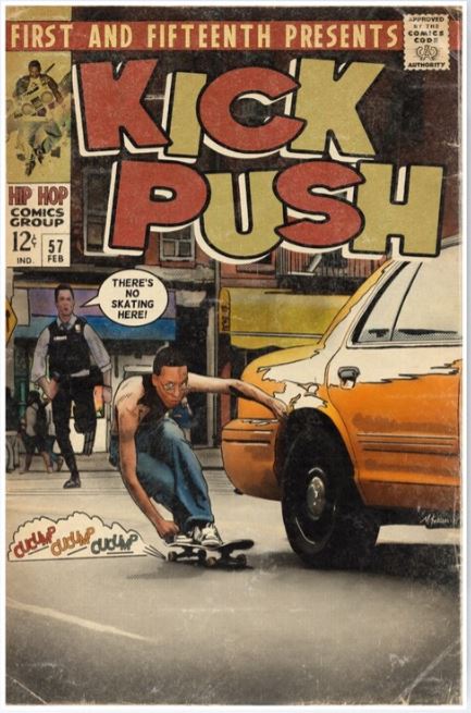 Check out the Lupe Fiasco Comic Book by FineArtof MK from Blue Dog Posters, featuring a vintage-inspired cover titled "KICK PUSH." The artwork vividly depicts a young man skateboarding behind a yellow taxi while being chased by a police officer shouting, "There's no skating here!" With bold text and vibrant colors, this cover captures the essence of a classic comic book parody poster.