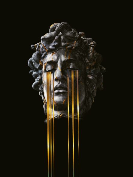 MDS by Frank Moth: A grey stone sculpture of Medusa's head, with snakes entwined in her hair. Golden streams pour from her eyes against a dark background, creating a striking contrast between the stone and the gleaming bands of light, echoing Frank Moth's signature style in the 0 brand's Featured Artists Collection.
