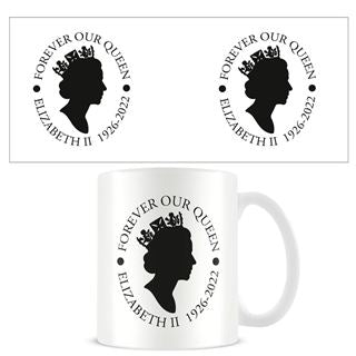 The Forever Our Queen Emblem Mug by Blue Dog Posters from our Homewares Collection features a black silhouette of a woman's head wearing a crown. Encircling the silhouette, the text reads "FOREVER OUR QUEEN" above and "ELIZABETH II 1926-2022" below. This white mug is dishwasher safe and boasts two identical designs that showcase the same elegant tribute.