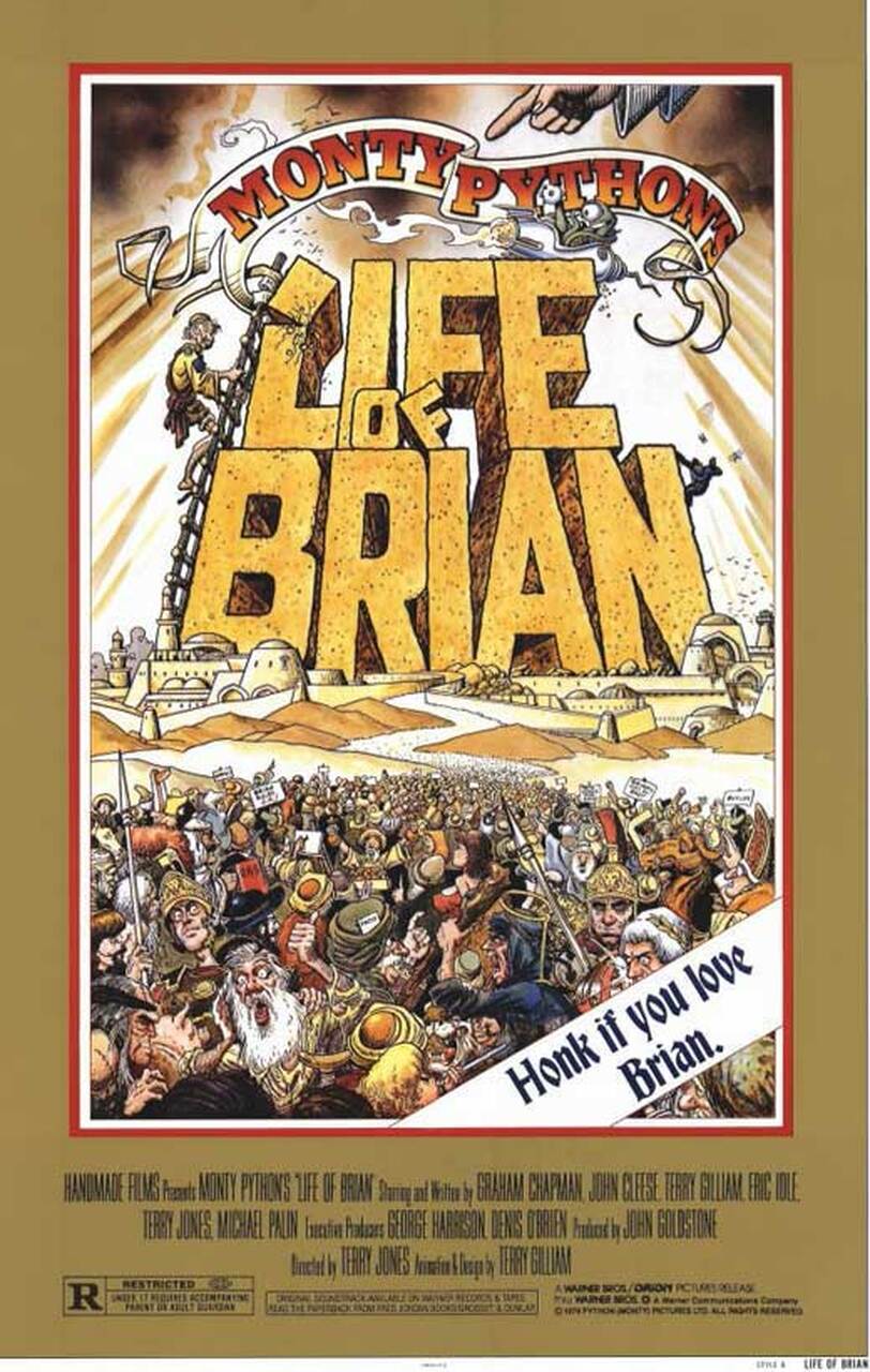 Poster for "Monty Python's Life of Brian" shows the title in large, bold letters framed with illustrations of people in ancient attire. At the bottom, text reads, "Honk if you love Brian." This Monty Python Life of Brian (Gold) by IMP is printed on premium 150gsm gloss paper. The border has credits for actors and production team, rated R.