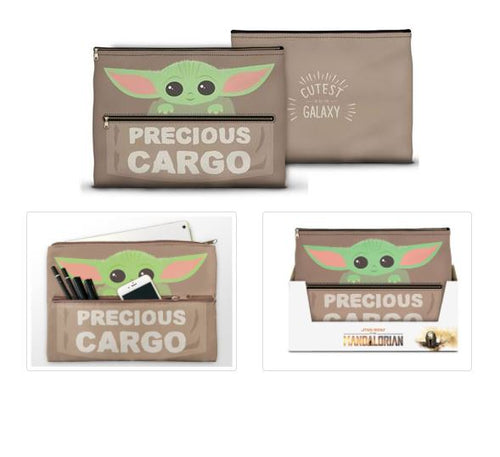 Introducing the Mandalorian Jumbo iPad Pencil Case by Blue Dog Posters: a set of beige clutch bags adorned with a beloved character featuring large ears and big eyes. The front of these licensed bags proudly display the phrases "Precious Cargo" and "Cutest in the Galaxy." One image highlights their durability as they securely hold items like pens, a phone, or even serve as an oversized iPad pencil case, while another showcases them neatly packaged together.