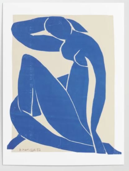 Henri Matisse's "Blue Nude" from the GAL45 Gallery Series features a blue silhouette of a seated figure on a beige background. Crafted on high-quality archival paper, it showcases flowing, curved shapes that convey elegance and simplicity.