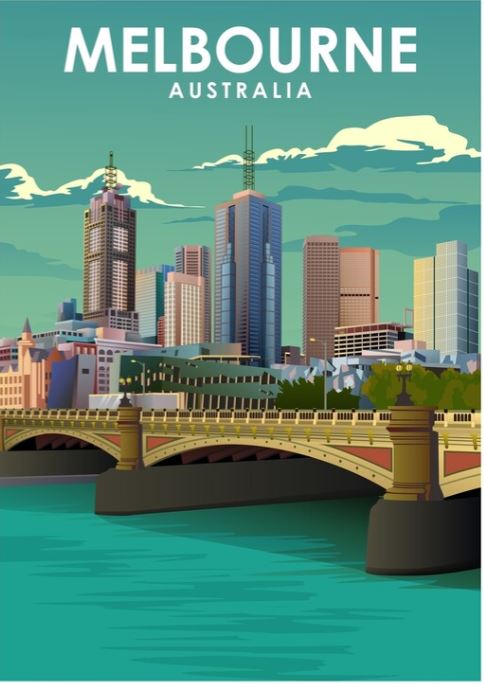 The artwork "Melbourne by Jorn Van Hezik" from the brand TAP depicts an illustrated cityscape of Melbourne, Australia. It showcases tall modern buildings and a historic bridge over a river in the foreground. The bright sky with scattered clouds enhances the vivid reflection in the water, while text at the top reads "MELBOURNE AUSTRALIA.