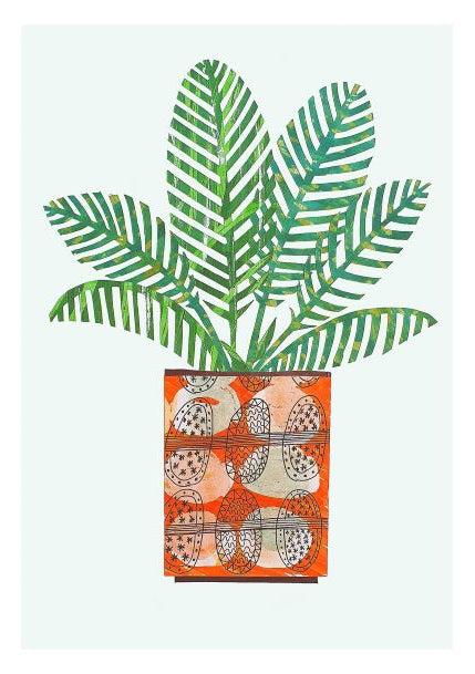 Illustration of a lush, green potted palm with long, striped leaves. The plant sits in a decorative orange pot adorned with intricate geometric patterns. Part of the Fern in Pot Plant Collage A5 Print series by A5, the background is a soft, pale blue, enhancing the vivid colors of this Mini Print ready for Deluxe Postcard Frames.