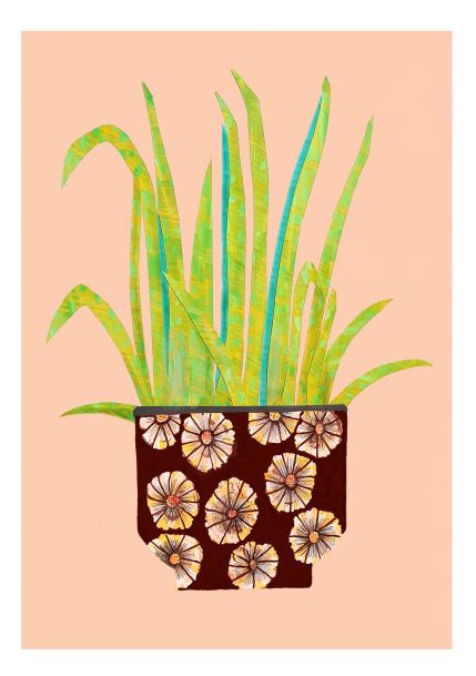 This mini print from the Little Art series, named "Grass Plant Collage A5 Print" by A5, features an illustration of a potted plant with long, green leaves set against a peach background. The dark pot is decorated with light, circular, flower-like patterns. Perfect for art lovers.