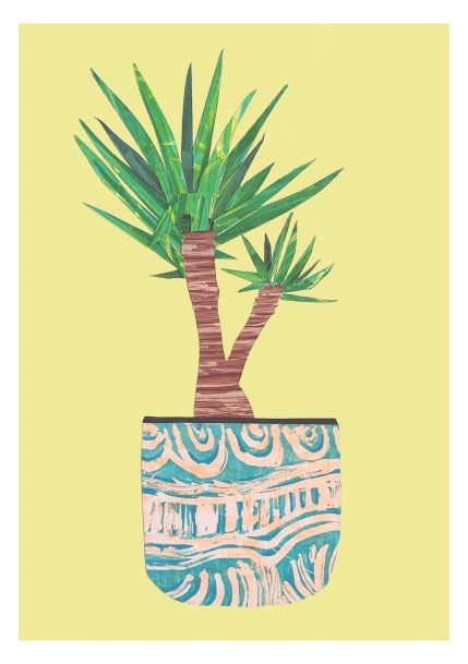 Illustration of a potted Yucca Plant Collage A5 with long, spiky green leaves and two brown stems in a decorative blue and white pot against a pale yellow background. The pot features wavy blue lines and patterns, perfect for the A5 Little Art series or complementing deluxe postcard frames.