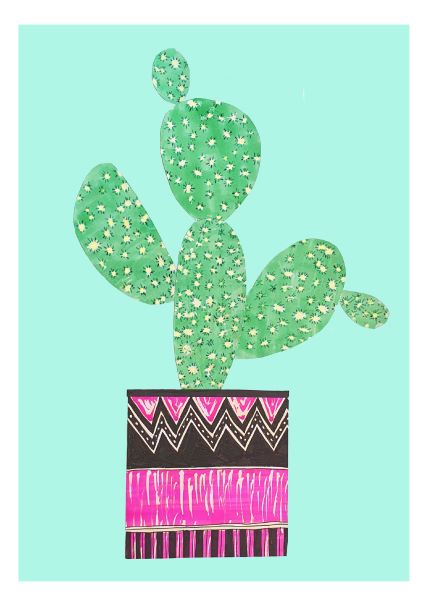 Depiction of a green cactus adorned with small white flowers, housed in a decorative pot. The pot is embellished with black, white, and pink geometric patterns. This artwork is part of the Mini Prints collection by A5 and features a solid pastel turquoise background. It is titled "Prickly Pear Plant Collage A5.”