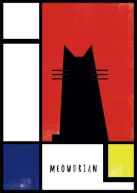 Abstract artwork featuring a black cat silhouette with visible whiskers against a red background. The image is segmented into blocks of white, blue, and yellow in a style reminiscent of Piet Mondrian. Created by Nia Gould, Meowdrian by Nia Gould from fap is part of the Featured Artists Collection and reads "Meowdrian" at the bottom.