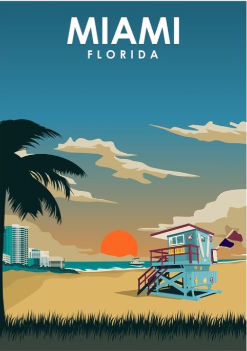 Miami by Jorn Van Hezik" from TAP features an illustrated poster showcasing a Miami beach at sunset. The artwork includes a lifeguard tower on the sandy shore, a silhouetted palm tree on the left, and a vibrant orange sun setting over the ocean. High-rise buildings are visible in the background under a gradient blue sky. This piece is perfect for travel prints or vintage advertising art print collections.