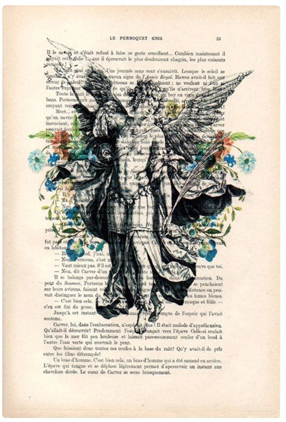 An illustration of Michael Arcangel with detailed wings and flowing robes, crafted over vintage French book pages. This striking artwork by ABP, the "Antique Book print 15 x 21cm Michael Arcangel," features the angel surrounded by colorful flowers, creating a dramatic contrast between the monochromatic figure and vibrant blooms. The text from the antique prints remains visible, enhancing its unique charm.
