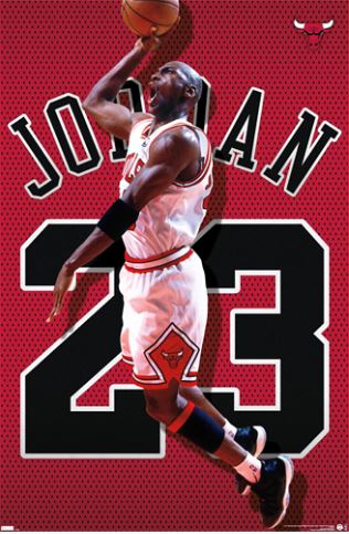 A basketball player in a red and white uniform performs a slam dunk on this stunning Michael Jordan Jersey poster by SPO 041. The background showcases the iconic number "23" and the name "Jordan" in bold black letters. Featuring the team's stylized red bull logo, this piece is printed on premium 150gsm gloss paper for your Sport Collection.