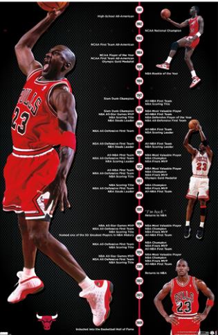 The "Michael Jordan - Timeline" poster by SPO 043 showcases the basketball legend in a red Chicago Bulls jersey with the number 23, depicted in various action poses on a black background. Alongside, a detailed timeline of his career achievements from high school to his Basketball Hall of Fame induction is printed on premium 150gsm gloss paper.