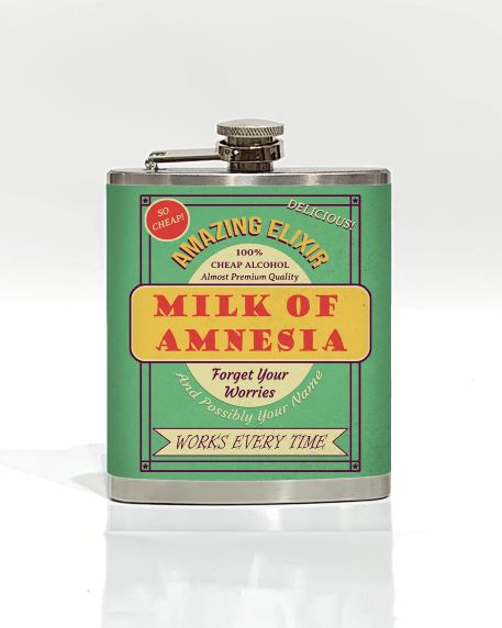 Introducing the Milk of Amnesia Hip Flask by Blue Dog Posters. This sleek stainless steel flask features a vibrant green label with "Amazing Elixir: Milk of Amnesia" boldly displayed in red and yellow text. Marketed as "100% Cheap Alcohol," it promises to help you forget your troubles—and maybe even your name. Part of our Cool Gifts Collection, it's incredibly affordable, delicious, and reliably effective every time!