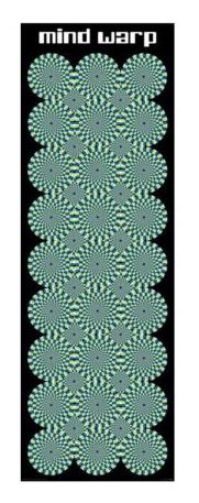 An optical illusion titled "Mind Warp Op Art" by Blue Dog Posters, designed as an alternative poster, features rows of blue and green circular patterns that appear to be spinning. The background is black, with "mind warp" written at the top in white text. Printed on premium 180gsm gloss paper for a sleek finish.