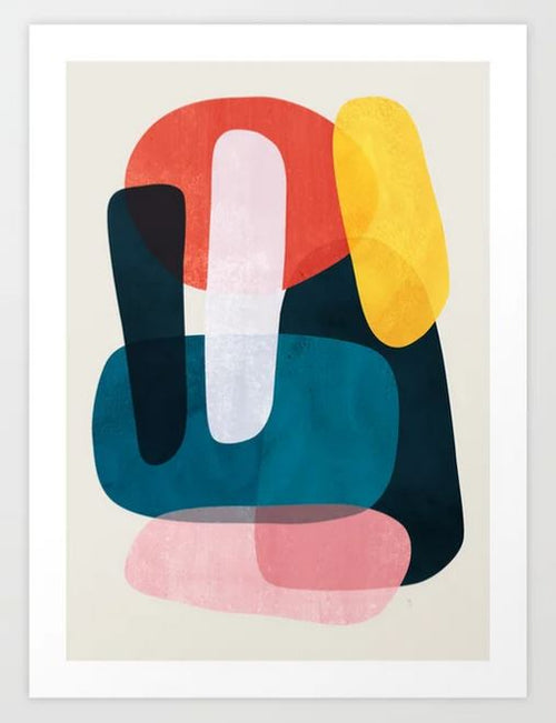 Explore "Mischka by Tracie Andrews" from GAL27's Gallery Series Collection, featuring large abstract prints with overlapping ovals in vibrant red, yellow, teal, pink, black, and white. These artworks create a layered transparency with smooth edges on a light background.