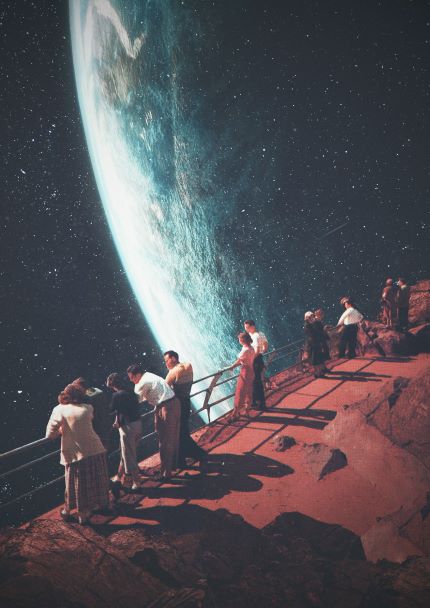 A group in vintage attire stands on a rocky ledge, gazing at a large, luminous planet. Capturing this surreal scene against a starry sky, "Ones we Left Behind" by Frank Moth A2 evokes an otherworldly atmosphere and is part of our GAL127 Featured Artists Collection.