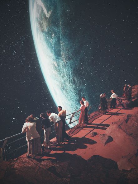A group of people stands on a rocky ledge with a metal railing, gazing at Earth from space. The planet appears large and tilted, glowing against the starry background, creating a surreal, otherworldly atmosphere—much like "Missing the Ones We Left" by Frank Moth from Blue Dog Posters.