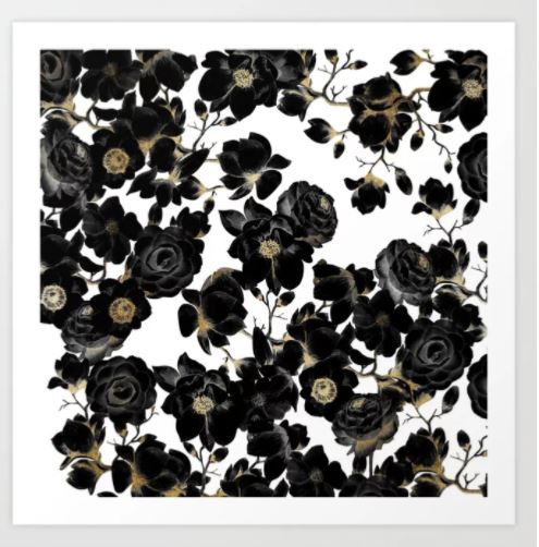 A pattern featuring black roses and dark foliage set against a white background. The intricately detailed roses hint at gold, creating a striking contrast. Printed on archival paper as part of our Gallery Series, the design repeats seamlessly, forming a dense floral arrangement. Introducing the Modern Elegant Floral by BlackStrawberry from Y.