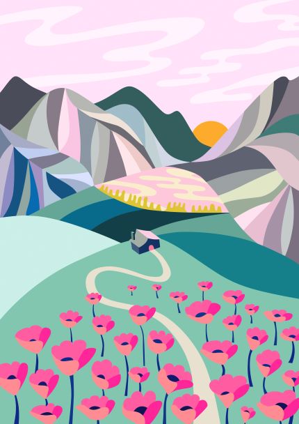 The "Pink Mountains by Rachel Lee" from Blue Dog Posters' Featured Artists Collection showcases a colorful, abstract landscape. It features a pink sky with a rising sun over stylized mountains, green hills, and a winding path leading to a small house. In the foreground, vibrant pink flowers add a touch of whimsy. Printed on premium 250gsm satin paper.