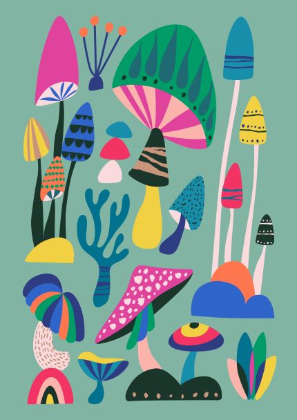 The Magic Mushrooms by Rachel Lee A5 print from Blue Dog Posters features a colorful illustration of various whimsical mushrooms in different shapes, sizes, and patterns on a green background. Some mushrooms are adorned with polka dots, stripes, and vibrant colors like pink, blue, yellow, and green. This playful, abstract composition is perfect for the Little Art series of mini prints.