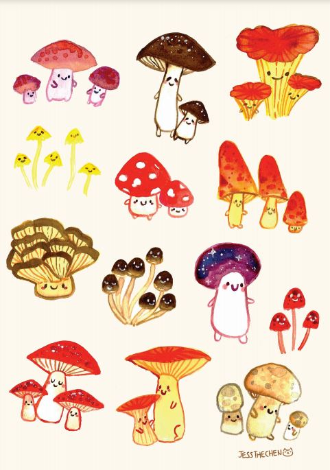 An illustration titled "Mushrooms by Jess Chen" from the brand fap showcases various colorful, anthropomorphic mushrooms. Each mushroom has a cute, smiling face and is depicted in different shapes and colors, with pairs and groups appearing together, giving a whimsical and playful vibe. Part of the Featured Artist Collection by Jess Chen, it's available as an A3 print.