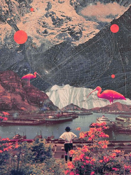 The surreal collage "My Choices Left Me Alone" by Frank Moth, available from Blue Dog Posters, showcases a person standing by a river and gazing at an imaginative landscape. The scene is filled with giant pink birds, floating red spheres, and interconnected lines hanging in the sky, complemented by snow-capped mountains and ships on the water. This dream-like artwork makes for a perfect art print suitable for featuring artists.