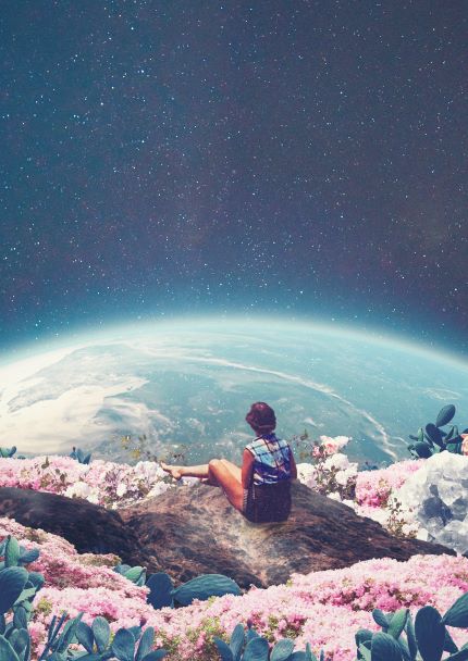 The "My World Blossomed" by Frank Moth A2 from GAL135 features a person seated on a rock amidst pink flowers and cacti, gazing at Earth from space, complemented by a starry sky. This art print adds celestial charm to any decor as part of the Featured Artists Collection.