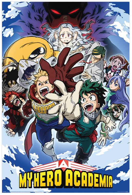Promotional anime poster for "My Hero Academia Reach up" by MTV 141, showcasing characters in dynamic poses: a determined boy in green reaching forward, a muscular blonde man, and several other costumed individuals. An ominous figure and a frightened girl appear at the top, with the title displayed at the bottom.