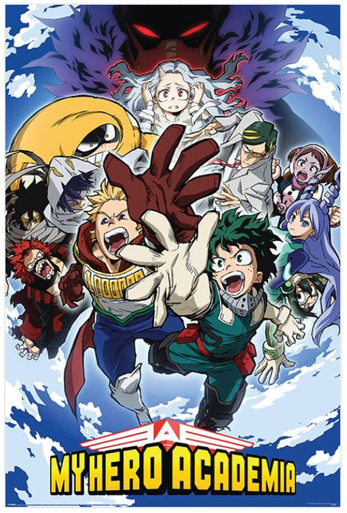 Promotional anime poster for "My Hero Academia Reach up" by MTV 141, showcasing characters in dynamic poses: a determined boy in green reaching forward, a muscular blonde man, and several other costumed individuals. An ominous figure and a frightened girl appear at the top, with the title displayed at the bottom.