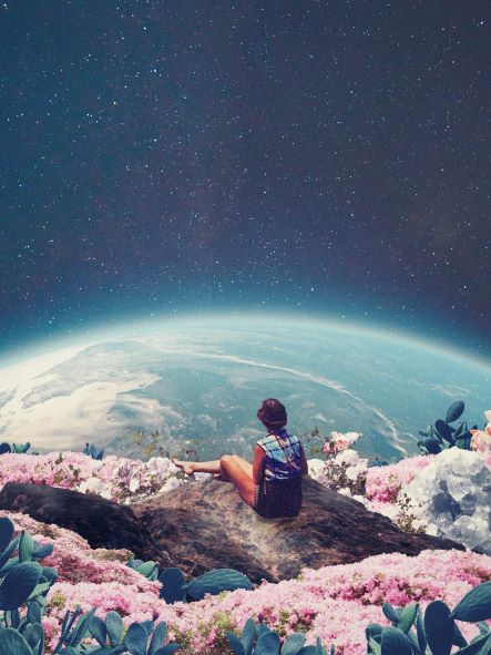 A person sits on a rock surrounded by pink flowers and cacti, gazing at the Earth from space. The backdrop includes a starry night sky, creating a serene and surreal scene of nature meeting the cosmos. This visionary piece, titled "My World Blossomed" by Frank Moth, is part of the Blue Dog Posters' Featured Artists Collection.