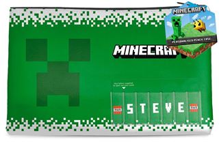 Introducing the licensed "Minecraft Steve Named Pencil Case" by Blue Dog Posters! This polyurethane green pencil case showcases a classic Minecraft theme, featuring the iconic Creeper face and the word "Minecraft" in white. It includes sections labeled "S-T-E-V-E" and boasts a small illustration of a Creeper and a bee, making it perfect for all your stationery needs.