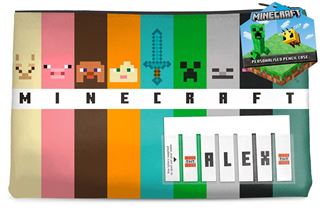 The Minecraft Alex Named Pencil Case by Blue Dog Posters is a rectangular, licensed Minecraft-themed stationery holder made of durable polyurethane. It features colorful vertical stripes adorned with pixelated character faces, including a llama, pig, villager, chicken, sword, creeper, and skeleton. "MINECRAFT" is prominently printed across the middle alongside a label displaying the name "ALEX." Perfect for storing your stationery!