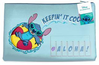 The Lilo & Stitch Named Pencil Case by Blue Dog Posters is a light blue licensed pencil case featuring Stitch from Disney's "Lilo & Stitch." He is depicted floating on a red and yellow inflatable ring, wearing green sunglasses. The text "KEEPIN' IT COOL" floats above him, while "ALOHA!" is displayed below on a peel-away label. This pencil case is perfect for storing your stationery.
