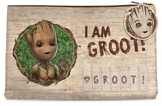 The I Am Groot Named Pencil Case by Blue Dog Posters is a licensed stationery item featuring baby Groot waving inside a circular frame against a green background. The text "I AM GROOT!" is prominently displayed next to him, with a smaller image of Groot's face and the name "GROOT!" also appearing on this polyurethane pouch, making it perfect for your stationery needs.