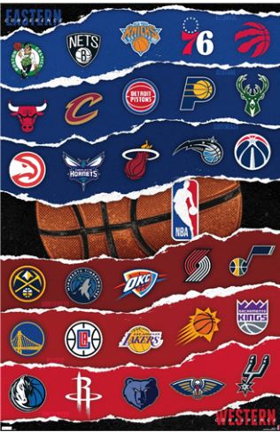 Introducing the NBA League Logos 21 by SPO 029, a vibrant Basketball Poster featuring logos of NBA teams divided into Eastern and Western Conferences. The Eastern Conference logos are set against a blue background, while the Western Conference logos are showcased on red. Printed on premium gloss paper, this poster also has a large basketball at its center.