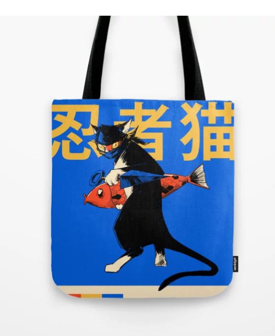 A Tote Bag 40x40cm Neko Ninja from Blue Dog Posters features an illustration of a cat dressed as a ninja holding a large fish in its arms. The background is blue with yellow Japanese characters above the cat, and the bag has black handles. This art-inspired piece is both fun and functional.
