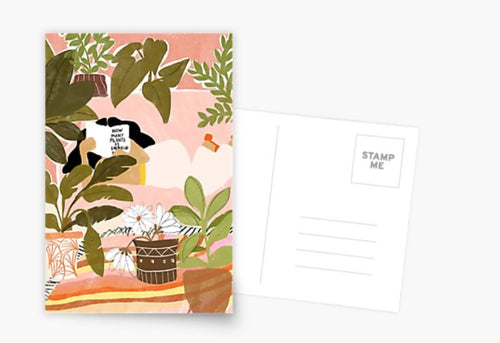 The Never Enough Plants Postcard from Blue Dog Posters features an illustrated scene with multiple potted plants against a pink background. Among the plants, a sign reads "How many plants is too many?" Perfect for small spaces, the postcard is positioned next to its blank back side, which has lines for the address and a "STAMP ME" box.