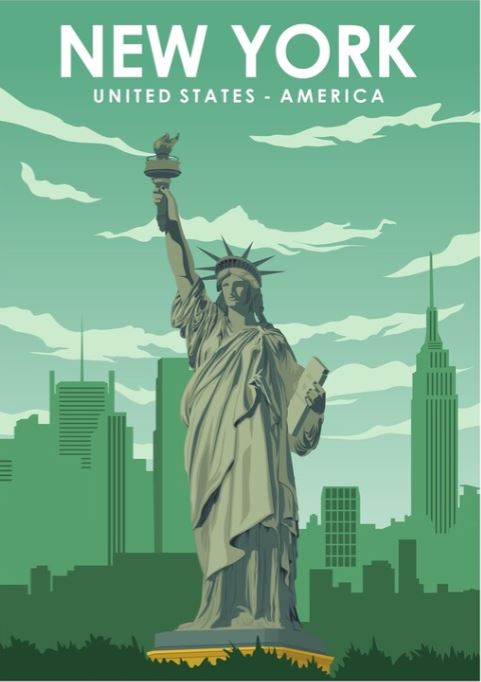 New York by Jorn Van Hezik" - an illustrated poster capturing the Statue of Liberty in the foreground with New York City's skyline, including the Empire State Building, set against a green-tinted sky dotted with clouds. The design features bold text at the top reading "NEW YORK UNITED STATES - AMERICA," printed by TAP on premium quality poster paper to achieve a vintage advertising art print feel.