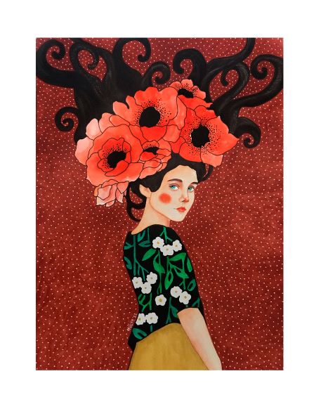 Introducing the Hulya Ozdemir - No Bird Art Print by Blue Dog Posters, a stylized painting of a woman with long, dark, flowing hair adorned with large red flowers. She is wearing a green top with white floral patterns and a yellow skirt. The background is a deep red with small white dots. This premium quality print captures her serene expression beautifully on 200gsm matte art paper and is part of the Featured Artists Collection.