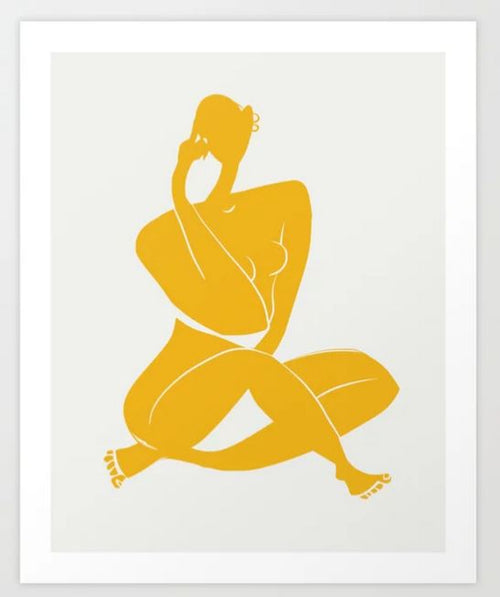 Nude sitting pose in yellow" by GAL63 is an abstract art print featuring minimalistic orange lines on a white background, depicting a seated woman in a relaxed pose with crossed legs and hand on head, rendered in the Gallery Series style on archival paper.